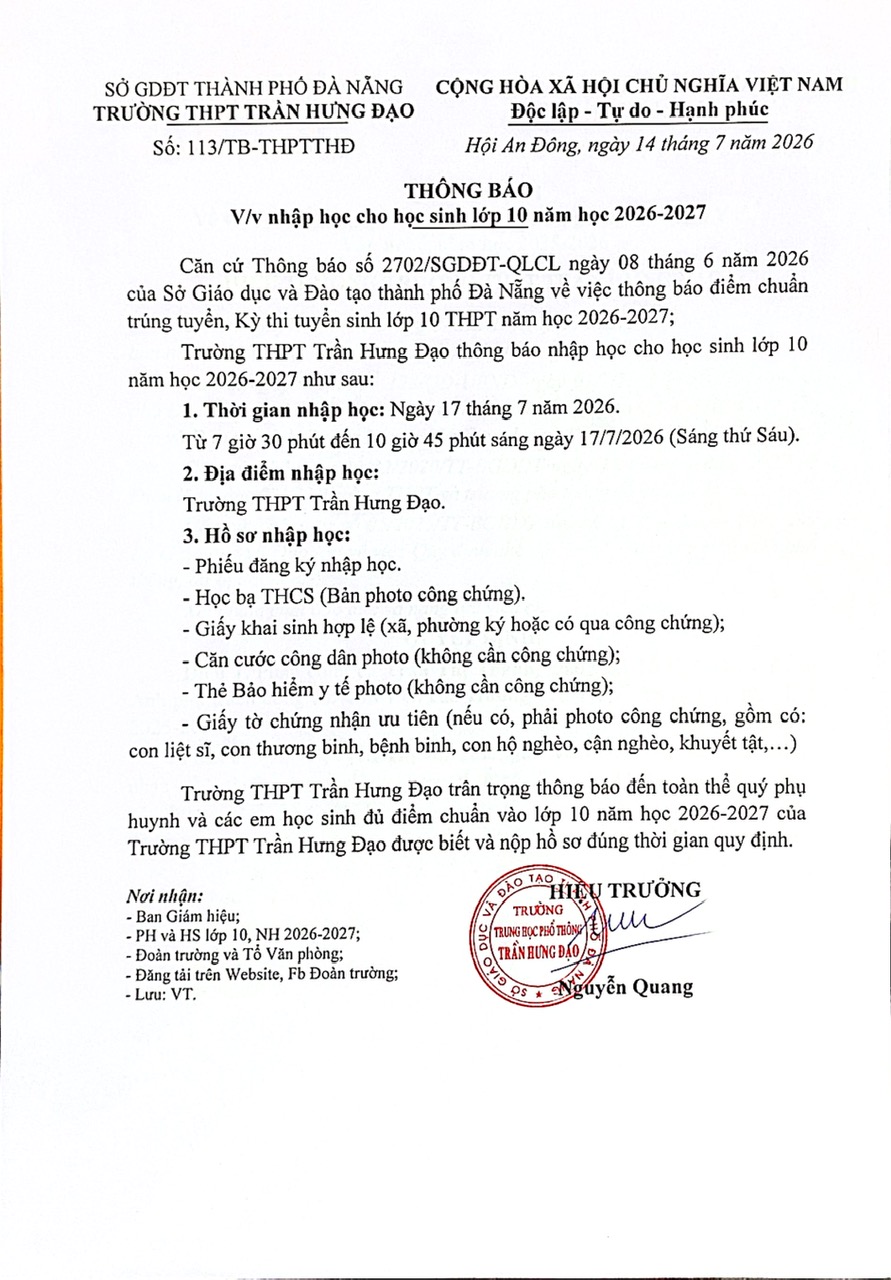 Nhập học học sinh khối 10