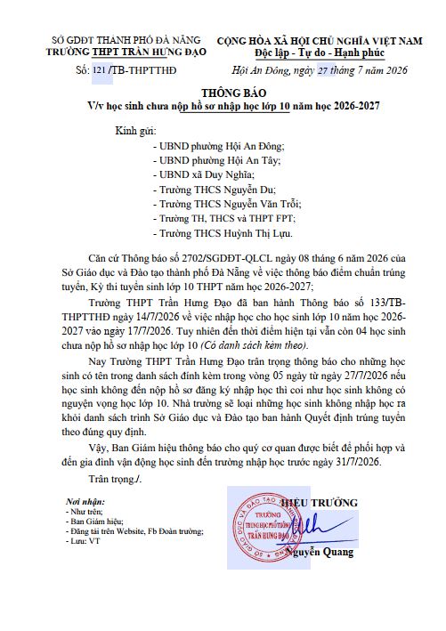 Thông báo nhập học tuyển sinh 10