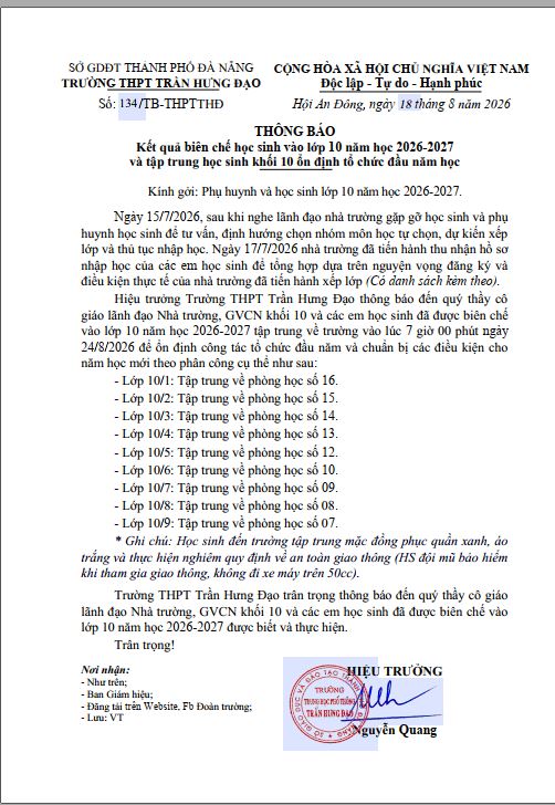 Thông báo học sinh tập trung nhận lớp 10